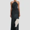 Chain halter gown in dark navy floral print