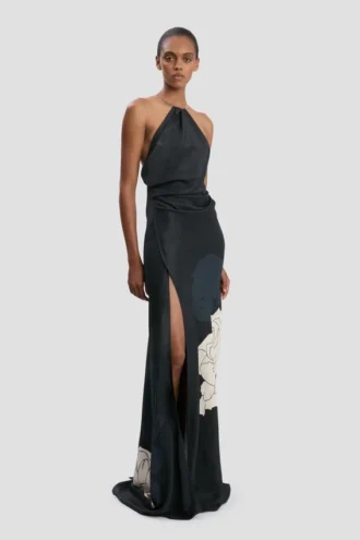 Chain halter gown in dark navy floral print