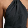 Chain halter gown in dark navy floral print