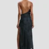 Chain halter gown in dark navy floral print