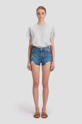 Distressed shorts in mid blue wash