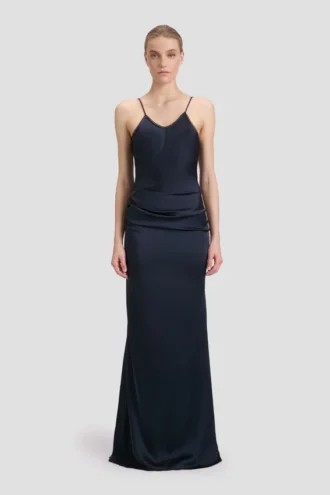 Draped lace dress in midnight