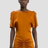Draped sleeve top in bronze