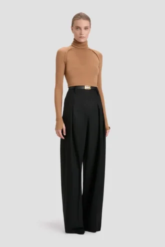 High neck jumper in dark camel