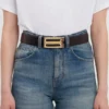 Jumbo dorian belt in dark brown croc embossed leather