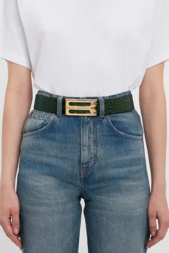 Jumbo dorian belt in dark forest croc embossed leather