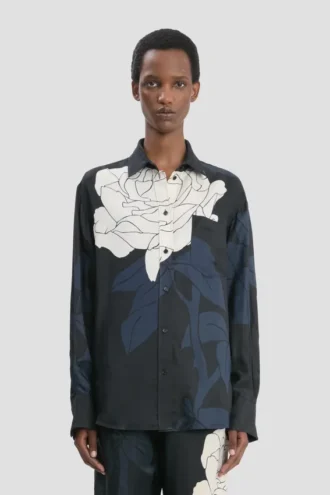 Pyjama shirt in dark navy floral print